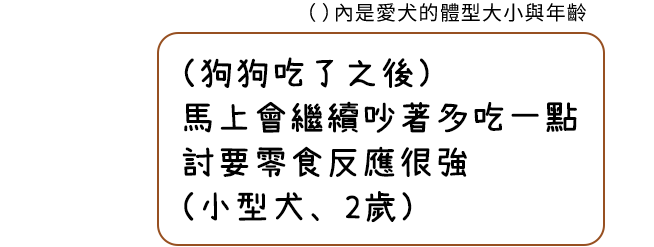 （狗狗吃了之後）馬上會繼續吵著多吃一點，討要零食反應很強（小型犬、2歲）